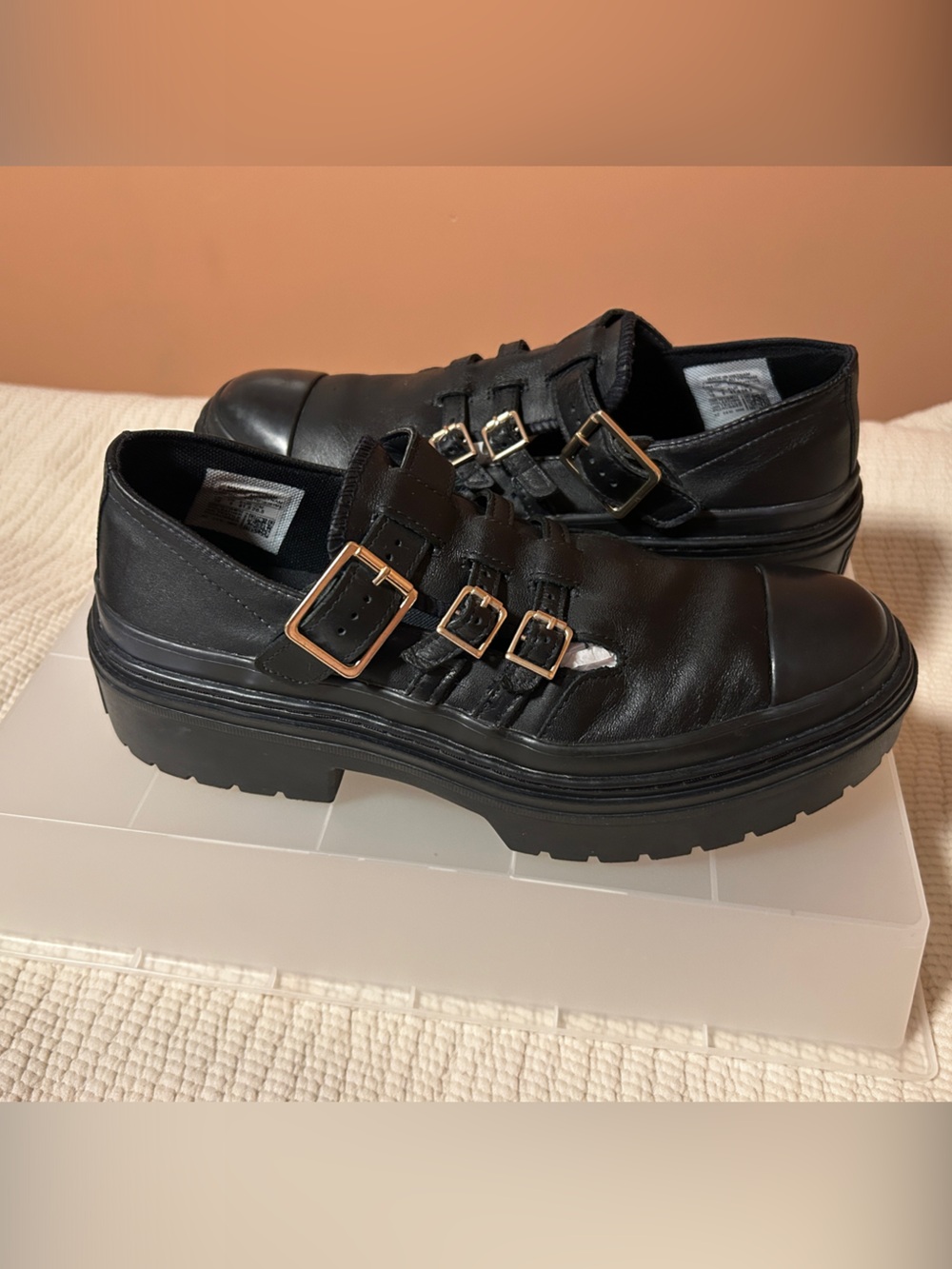 Black Leather Buckle Strap Chunky Loafer